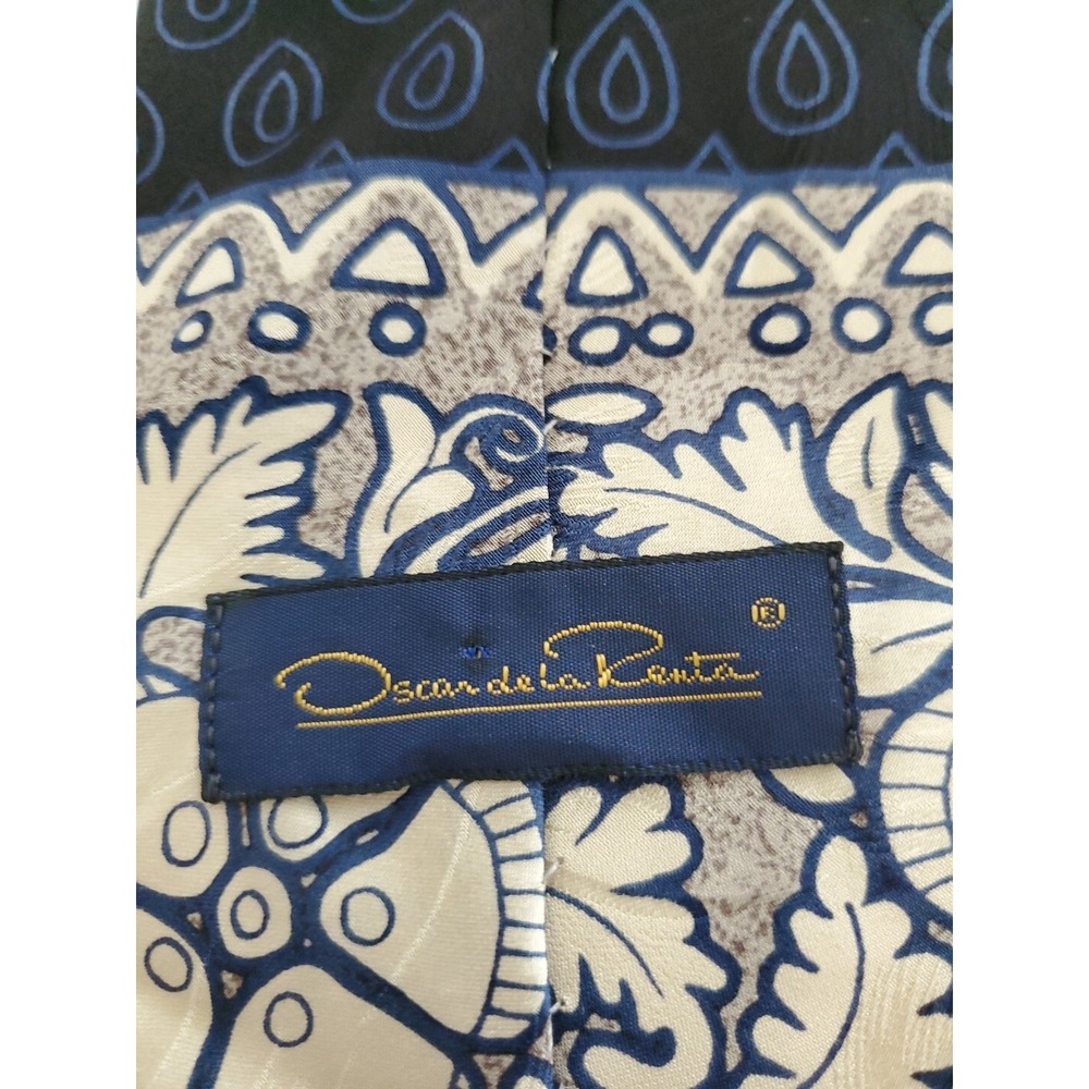 Oscar De La Renta Necktie Tie Silk Navy Blue Beige Floral 57.5" Length 4" Width